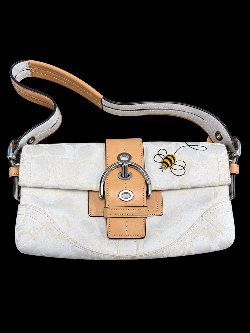 Coach White Canvas Bee Accent Shoulder Bag with Tan Leather Trim ~ Vintage 2000